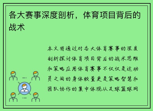 各大赛事深度剖析，体育项目背后的战术